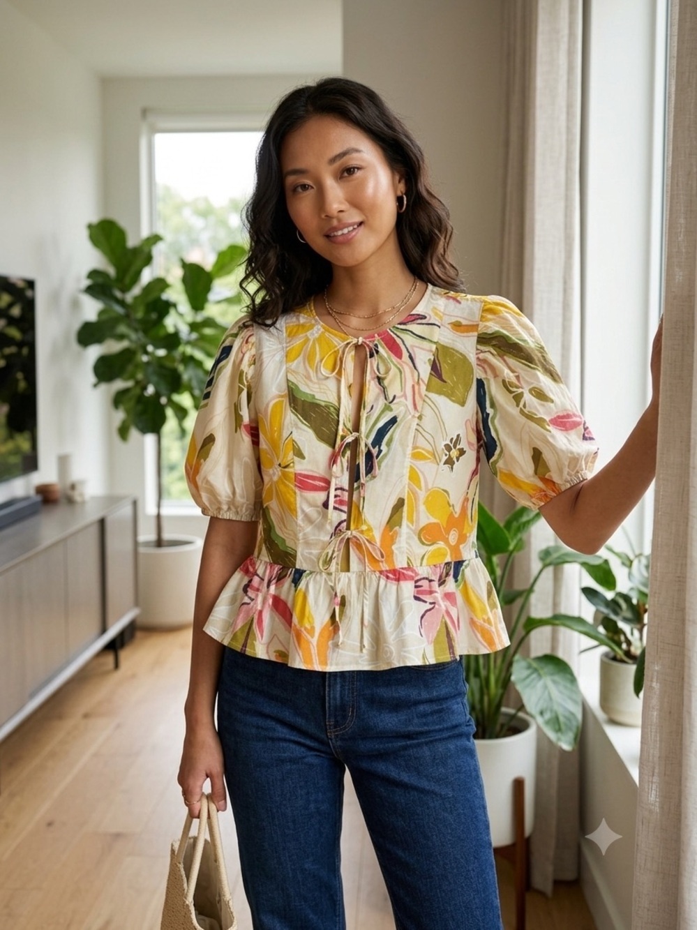 MELLODAY Floral Tie-Neck Peplum Blouse - Yellow, Pink, Green